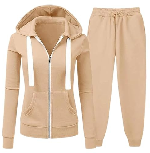Women's Tracksuit with Hooded Jacket, Two-Piece Set of Hoodie and Jogging Bottoms, Sporty Leisure Suit Womens Tracksuits 2 Piece Set Khaki