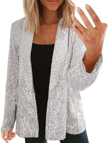 Generisk glitterjacka för damer, nätfodrad, paljetter, kavaj för damer, långärmad, glitterblazer med , krage, paljettblazer, enfärgad kostymjacka, trendig kofta, karneval, kostymer, silver, L