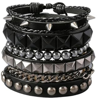 ZYOMVUN Bracciale Uomo Pelle Nera Punk Rock, 4 Pezzi, con borchie, Vintage, Accessori Steampunk, Braccialetti Regolabili, Catena Multistrato, Per Uomo Donna, Cosplayer, Accessori Moda