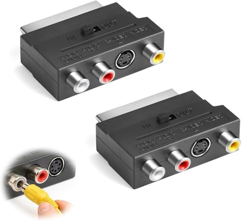 2 st Scart till 3 x RCA-uttag IN/Out omkopplare S-Video S-VHS AV Audio Video Adapter, AV Audio Video Adapter, hållbar adapter för optimal bild och ljudöverföring från Av-enheter (svart)