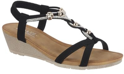 Jo & Joe Ladies Mid Heel Wedge Comfort Sandal with Glitzy Jewels and Elasticated Slingback Strap, Flexible sole sizes 4-8