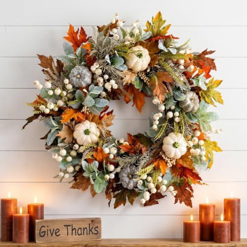 Fall Wreath for Front Door, Artificial Autumn Wreath, Autumn Wreath with Maple Leaf, Pumpkins and Berries, White Artificial Pumpkins Wreath for Window Wall Decor