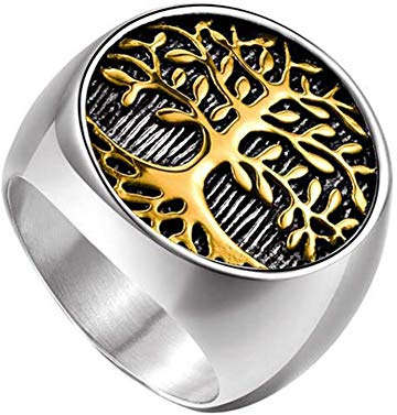 HIJONES Religieux Ancien Classique Arbre de la Vie Sceau Bague pour Hommes en Acier Inoxydable avec Ronde Argent Or Taille 66