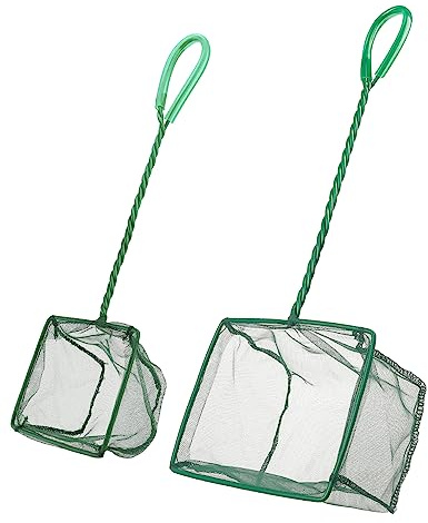 Pawfly 4 & 6 Inch Aquarium Fish Net Set with Braided Metal Handle Square Green Net with Soft Fine Mesh Sludge Food Residue Wastes Skimming Cleaning Net for Fish Tanks Small Koi Ponds and Pools