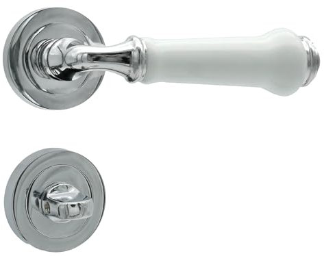 domino Türgriff Drückergarnitur WC - Badezimmer Set | Rund-Rosette | Türbeschlag für Badezimmertüren | Set WC - Rosetten-Garnitur | Türklinke aus Edelstahl mit weißer Keramikeinlage | LUDWIK-R M6