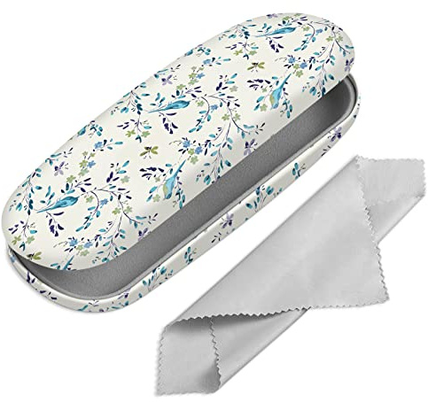 Fintie Hard Shell Eyeglasses Case, Portable Protective Glasses Cover Eyeglass Holder Box with Cleaning Cloth for Men Women, Blue Robins, S
