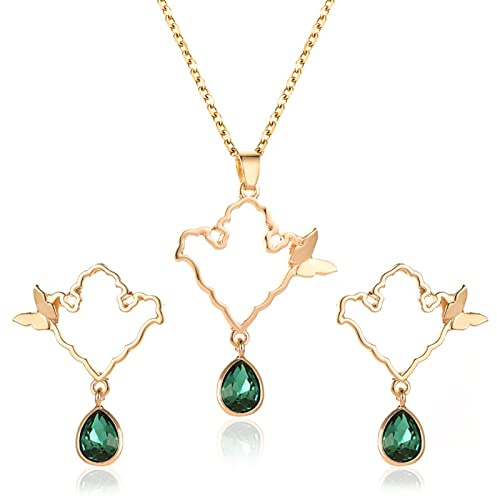 Yienate Parure Nuptiale Cristal Émeraude Collier Pendentif Papillon Émeraude Vert Goutte D'eau Boucle D'oreille Papillon Goutte D'eau Pendante Boucle D'oreille Or Mariage Parure Pour Femme Fille