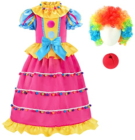 ReliBeauty Toddler Clown Costume for Kids Girls Circus Costume with Wig,6-7/130