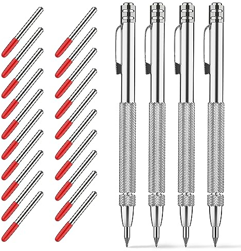 Glieskir Confezione da 4 pennarelli in carburo di tungsteno con magnete, con 20 punte di ricambio extra, penna per incisione su vetro/ceramica/lamiera