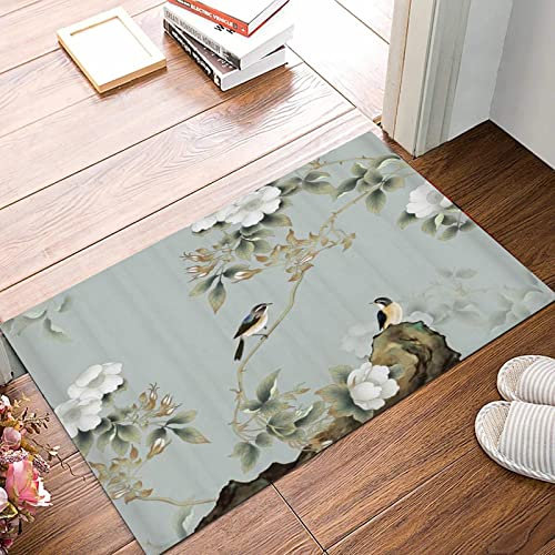 ANNKOOT Weich Badezimmerteppich 50x80 cm,Weiße Blume Pflaume Vogel Spatz Grau Weißer Hintergrund,rutschfest waschbar Badematte, Badteppich Mikrofaser Saugfähig Badvorleger Duschvorleger