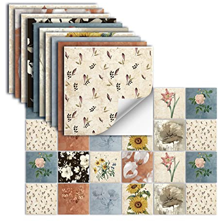24 Piezas Azulejos Adhesivos Vinilo Autoadhesivo Pegatinas De Pared Impermeables Para Cocina Baño Azulejo Pared Chimenea Armario Pegatinas Decorativas,HZ-54,10x10cm