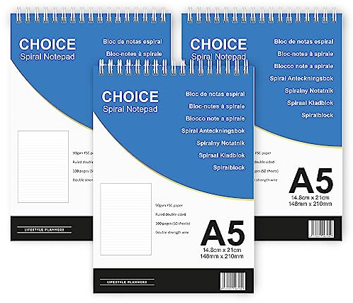 Choice A5 Ruled Notepads - 3 Pack - Double Strength White Wire - 90gsm white ruled paper - Perfect Daily Notepads
