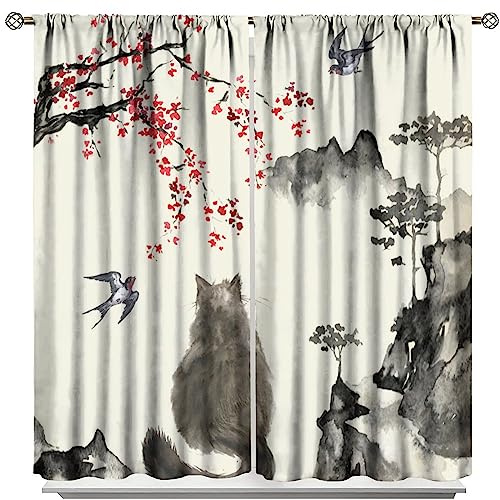 Retro Asian Curtains,Orient Japanese Traditional Ink Painting Natural Landscape Window Drapes,Black Fluffy Cat Cherry Blossom Bird Abstract Window Treatments for Living Room Bedroom 84x84in