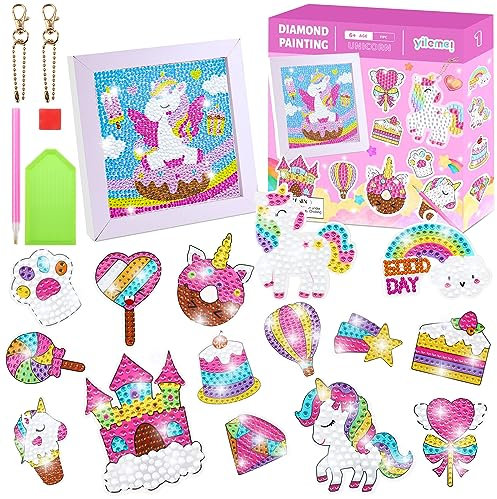 Maomaoyu 5D DIY Diamond Painting Kinder Set mit Bilderrahmen, 25 Stück Sticker und 2 Schlüsselanhänger, Basteln Mädchen und Geschenk Mädchen 5-12 Jahre, Einhorn