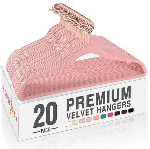 HOUSE DAY Samt-Kleiderbügel, Premium-Kleiderbügel, rutschfeste Filzbügel, stabile rosa Kleiderbügel, robuste Kleiderbügel, langlebige Anzugbügel, platzsparend, um 360 Grad drehbarer Roségold-Haken, 20