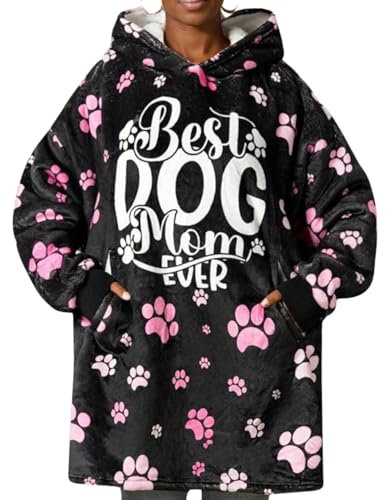 Dog Mum Gifts for Women, Wearable Blanket Hoodie for Adults, Oversized Flannel Hooded Blanket Big Sweatshirt, One Size 170x122 CM, Black