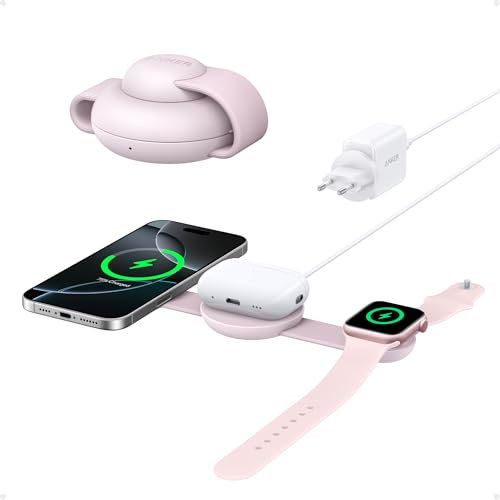 Anker MagSafe Compatible 3-in-1 Wireless Charging Station, Qi2 Certified 15W MagGo Charger, Foldable Travel Wireless Charging Pad for iPhone 16/15/14/13/12 Series, AirPods, Apple Watch, and More