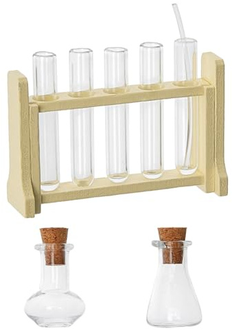 Hobbspring Mini tubo de ensayo de vidrio para casa de muñecas, juego de ciencia de casa de muñecas, tubo de vidrio en miniatura, estante de tubos de ensayo de madera pequeña, adorno de experimento de