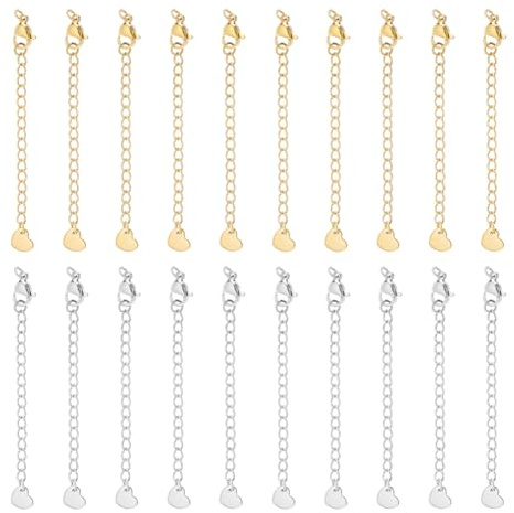 UNICRAFTALE 20 st 2 färger 75 mm kedjeförlängare 304 rostfritt stål förlängningskedjor set halsband förlängare kedja ändkedjor förlängningssvansar med lås och liten hjärtberlock för sommargåvor
