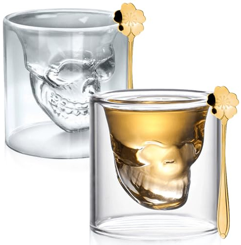 2 stycken dödskalleglas, 250 ml dubbelväggiga kaffeglas skalle snapsglas med 2 skedar glaskoppar, glasbägare cocktailglas shotglas för whisky vodka absint espressogglas