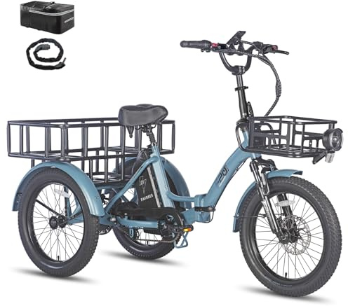 Fafrees Dreirad e Bike F20 Mate, Upgrade E-Bike 3 Rad 48V 20Ah Akku, E Bike Klapprad 20 * 3.0 Zoll, 65N.m Elektro Dreirad Lasten für Erwachsene (Vorderkorb + großer Korb, Blau)
