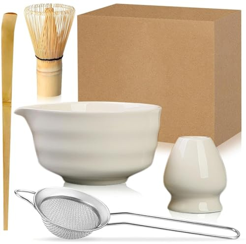 Duscdesp 5 stycken matcha set, bambu matcha kvast, keramisk matcha-skål med hällpip, matcha whisk, spade, sil, matcha teset utan pulver, ceremonial matcha startset (vit)