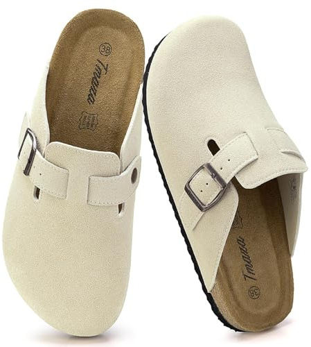 Tmaza Zoccoli e Sabot Donna Ciabatte in Pelle Scarpe -Chiuse Comodo Pantofole-Fibbia Regolabile al Piede Scarpe Beige 39 EU