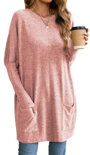 Famulily - Tunica lunga da donna, casual, tinta unita, oversize, con scollo rotondo, felpa con tasche, rosa, L