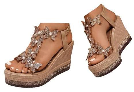 Xbemkste Sandaler med kilklack Damplatå Sandaler Högklackade Sandaletter med Glitter Strass-Fjäril Eleganta sommarsandaler för fest Bröllop, kaki, 35 EU