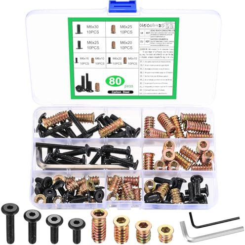 40 Pcs Threaded Inserts for Wood with Bolts, M6x25/20/15/10mm Threaded Insert Nuts and M6x30/25/20/16mm Wood Inserts Furniture Screw Nuts Furniture Connectors, Flat Head Hex Socket Drive Screws