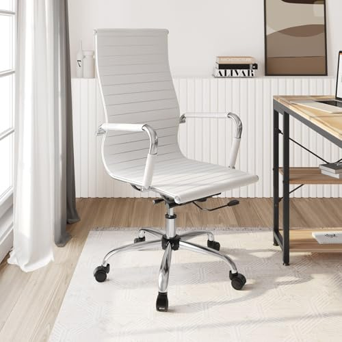 SEDIA DA UFFICIO ALESSANDRA IN SIMILPELLE ERGONOMICA CON SCHIENALE ALTO E SUPPORTO LOMBARE, POLTRONA DA SCRIVANIA GIREVOLE CON ALTEZZA REGOLABILE A GAS E ROTELLE GIREVOLI A 360°, BASE CROMATA (BIANCA)