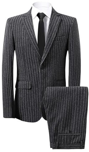 Completo da Uomo Elegante a Righe, 2 Pezzi, Slim Fit, Monopetto, Blazer, e Pantaloni, Grigio Scuro, Taglia XL