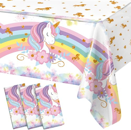Muorruo 3-delad enhörning bordsduk set för födelsedagsdekorationer, pastell regnbåge bordsdukar för barns födelsedagar, flickor fester, baby shower, 130 x 220 cm
