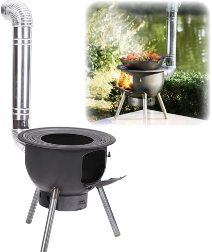 Portable Outdoor Wood Stove with Grill and Chimney Pipes for Camping Cooking and Heating