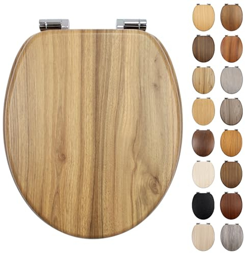 Fanmitrk Standard Wooden Toilet Seat Soft Close, MDF Adjustable Zinc Alloy Hinges with Bottom Fixture,Easy to Clean and Install for Bathroom (BL101-7-01)