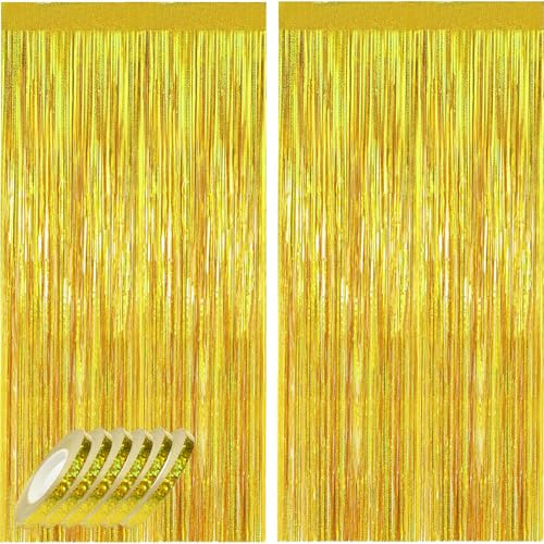 waziwe Tinsel - Tenda dorata, 2,5 x 1 m, 2 pezzi, 6 rotoli di stelle filanti, tinsel, perfetta per Capodanno, carnevale, decorazioni per matrimoni e tutti i tipi di decorazioni festive