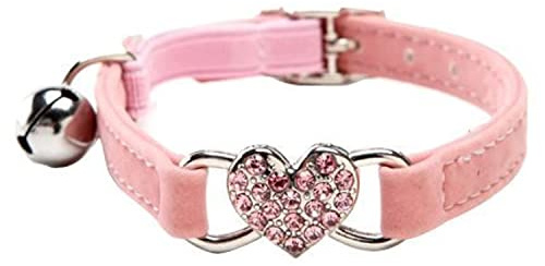 CHUKCHI Collare per gatti di velluto soffice, sicuro, regolabile con ciondolo a forma di cuore di cristallo e campane, 20 - 28 cm