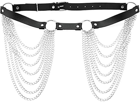 Liitata Cinturón de cadena de cuero punk Cadena de cuerpo de cuero sexy Correa de cadenas de cintura en capas para mujeres y niñas - Negro