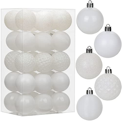 30 pcs Christmas Baubles Xmas Ball Ornaments with Strings, 50mm/2.0 Pearl White Shatterproof Plastic Hanging Decorations, Christmas Tree Pendants for Home Party Wedding Holiday