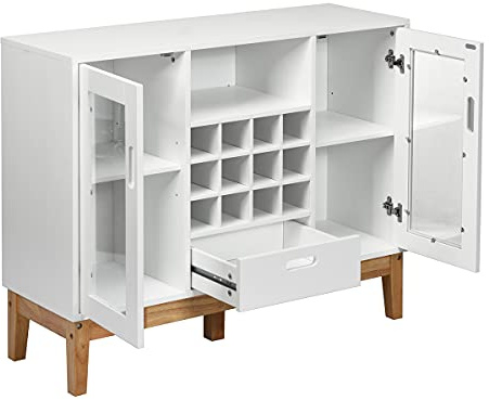 GLOBALWAY Kitchen Sideboard, Buffet Sideboard w/ 12-Bottle Wine Rack, Drawer & Cabinets, Solid Rubber Wood Legs, Modern Storage Cupboard for Living Room, Dining Room, Entryway