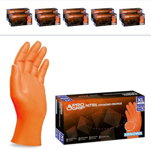500x PROGRIP Gants nitrile taille XL Orange [Avec double épaisseur et texture diamantée], Gants nitrile à usage unique pour atelier, industrie et montage, Gants nitrile à usage unique