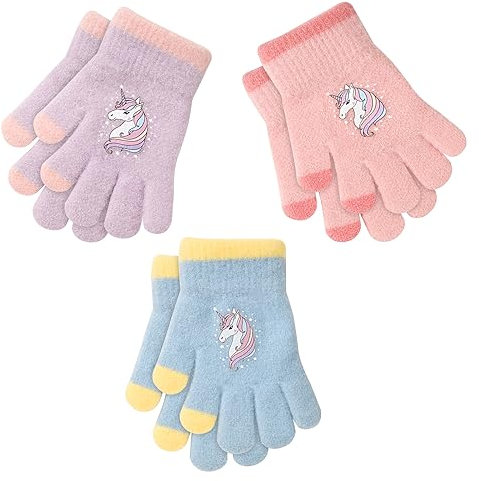 QKURT 3 Paar warme Strickhandschuhe für Kinder, bunte Kristallsand-Handschuhe weiche Thermo-Handschuhe Kinder-Vollfinger-Fäustlinge mit neuartigem Einhorn-Muster für Mädchen im Alter von 1–5 Jahren