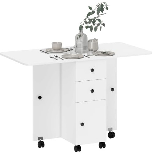 HOMCOM Table de Cuisine Pliable 2 Tiroirs 120 x 60 x 76,5 cm Blanc