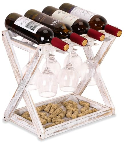 WDSHIYI Countertop Wine Racks with Glass Holder, for 4 Bottles and 6 Stemware Glass Holder, Rustic Wood Tabletop Wine Bottle Holder for Kitchen, Living Room, Wine Cellar Rustic White