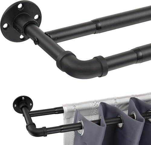 Barras de Cortina Doble Extensible Estilo Industrial, 73-236cm Barra de Cortina de Acero Inoxidable Doblecon Cabeza de Brida y Soportes Decorativa Ajustable para Sala/Negro Mate