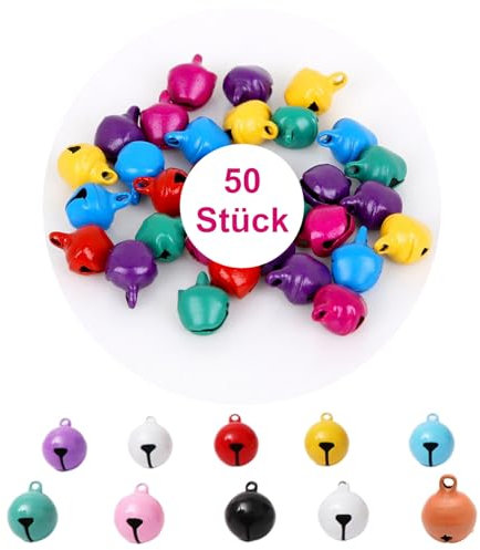 50 Stück Glöckchen zum Basteln, Bunt Kleine Glöckchen mit Öse, Metallglöckchen Bunt Kleine Schellen Glöckchen, Glöckchen Anhänger Weihnachten für DIY Schmuck Weihnachten Haustier Glocken -14mm