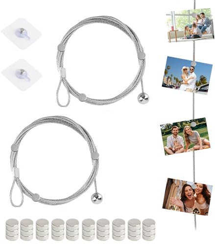 2 Stück Fotoseil - Fotoseil Fotodrahtseil ,Fotos Aufhängen Fotoleine Fotoseil mit 30 Magneten Klammern 250cm x 1,5mm Fotokette Fotoleine mit Klammern Um Bilder Aufhängen Schnur Von Fotos Postkarten