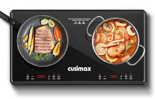 Kochplatte,CUSIMAX 3500W Infrarot Doppelkochplatte,Edelstahl kochplatten 2er elektrisch mit LED Display,Timer,Touch-Steuerung,Kindersicherung,Schwarz Glaskeramik Kochplatte Burner