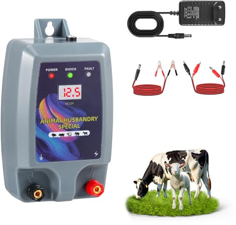 Weidezaungerät 12V, 0,5 Joule, 10kV Spitzenspannung, Elektrozaun für Pferde, Schafe und Geflügel, mit Display, 2-10 km Reichweite