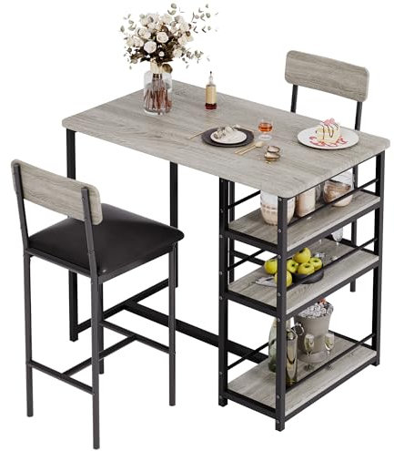 Garvee Mesa de Bar con 2 Sillas Acolchadas, Mesa de Cocina, Juego de 3 Piezas de Barra de Altura de Mostrador con 3 Estantes de Almacenamiento para Espacios Pequeños, Apartamento (Gris)